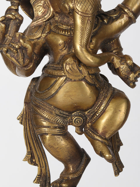 11" Brass Statue of Lord Ganesha Dancing on Five-Hooded Serpent