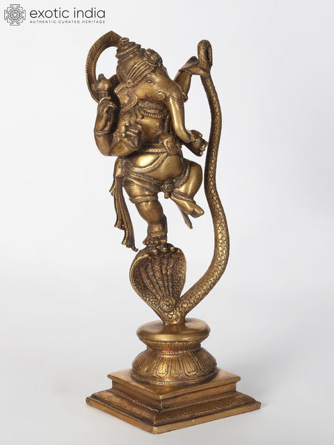 11" Brass Statue of Lord Ganesha Dancing on Five-Hooded Serpent