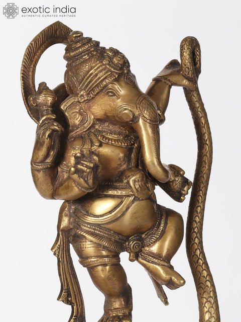 11" Brass Statue of Lord Ganesha Dancing on Five-Hooded Serpent