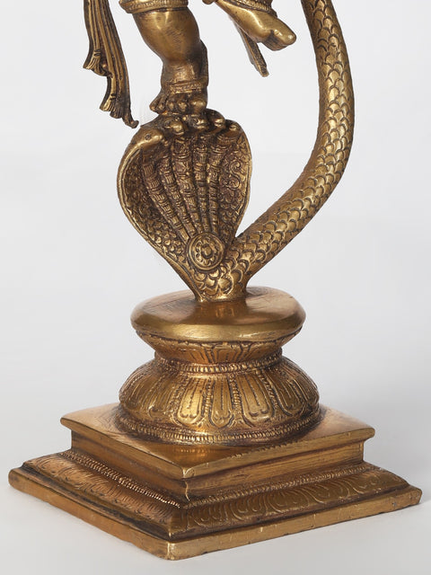 11" Brass Statue of Lord Ganesha Dancing on Five-Hooded Serpent