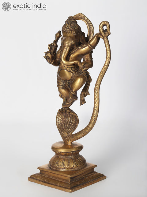 11" Brass Statue of Lord Ganesha Dancing on Five-Hooded Serpent