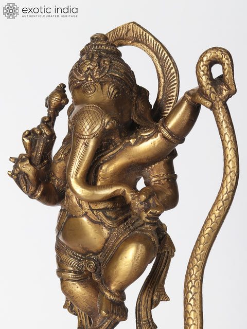 11" Brass Statue of Lord Ganesha Dancing on Five-Hooded Serpent