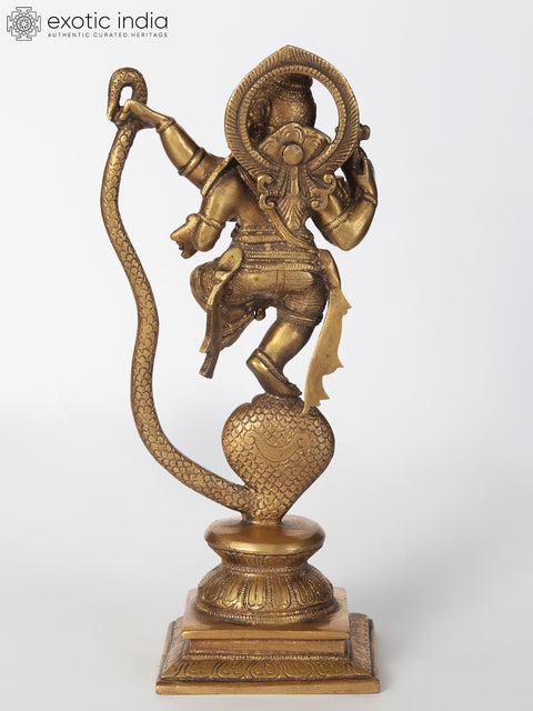 11" Brass Statue of Lord Ganesha Dancing on Five-Hooded Serpent