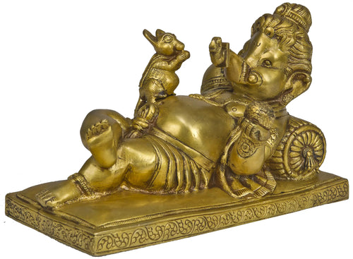 Reclining Ganesha with Rat Brass Statue Handmade