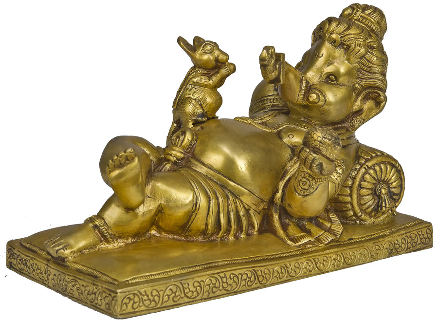 Reclining Ganesha with Rat Brass Statue Handmade
