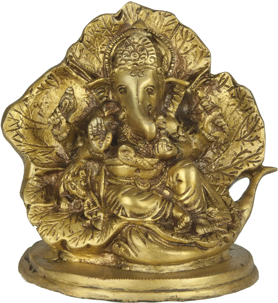 5" Brass Lord Ganesha Idol Seated on Flower Couch Handmade