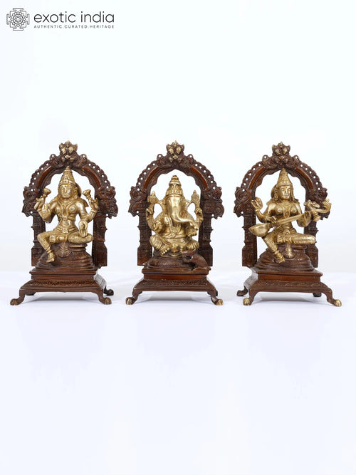 7" Lakshmi Ganesha Saraswati Brass Idol Set for Pooja