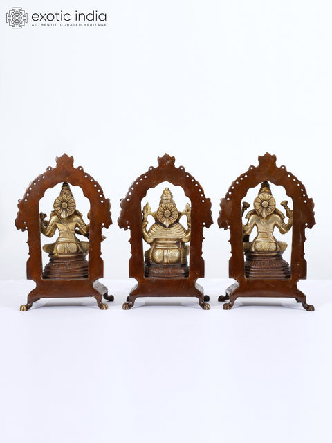 7" Set of 3 Statues - Lakshmi, Ganesha and Saraswati Idol in Brass