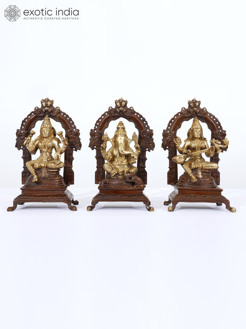 7" Set of 3 Statues - Lakshmi, Ganesha and Saraswati Idol in Brass