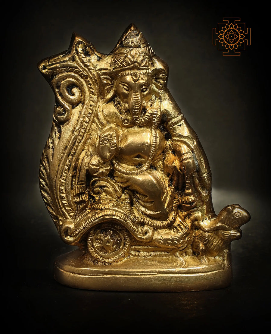 4" Brass Lord Ganesha Idol on Chariot with Rat Handmade