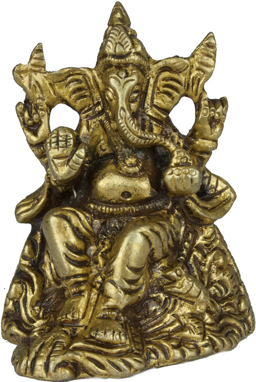 2" Handmade Lord Ganesha Brass Idol Seated on Mountain