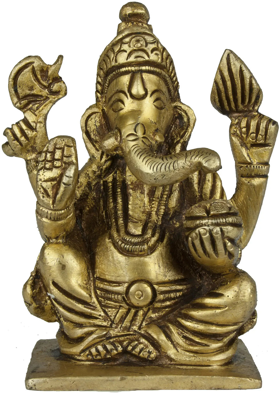 2" Four-Armed Ganesha Brass Idol Seated in Ease Posture Handmade