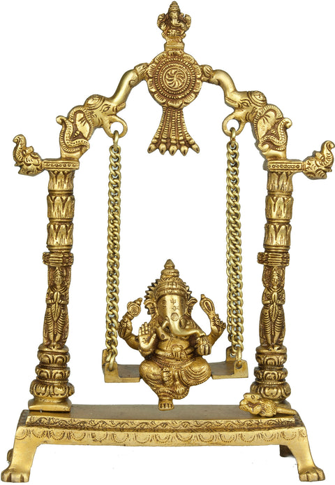 12" Lord Ganesha Brass Statue on a Swing | Handmade | Made in India