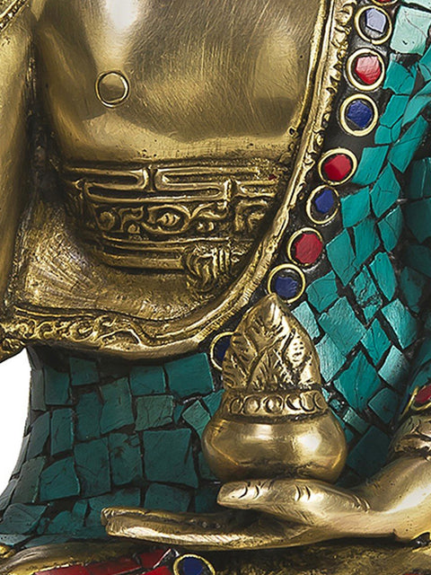 13" Tibetan Buddhist Deity- Triple Hued Bhaishajyaguru (The Medicine Buddha) In Brass | Handmade | Made In India