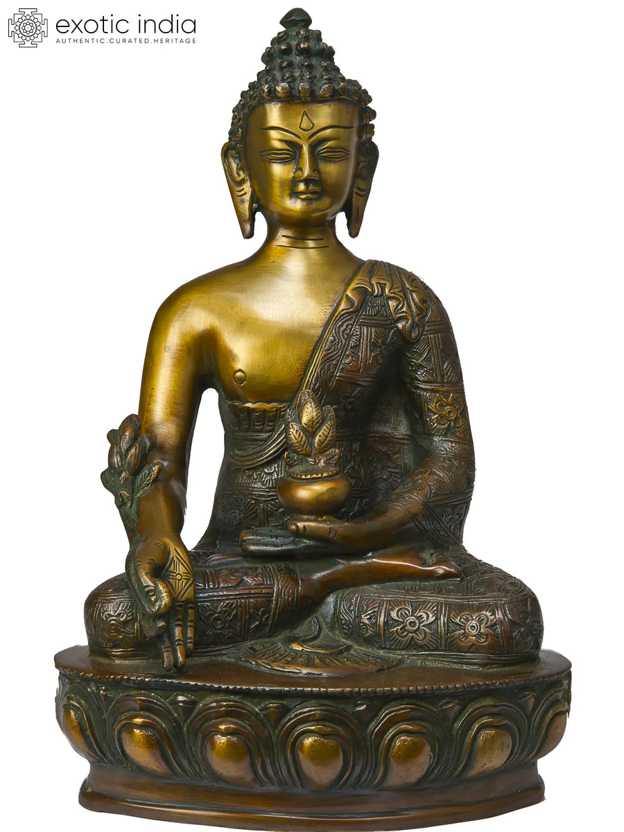 11" Medicine Buddha Handmade Brass Statue with Flower-Decorated Robes