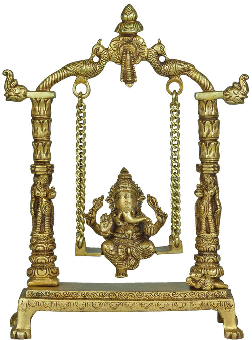 11" Brass Lord Ganesha Statue on Swing Handmade