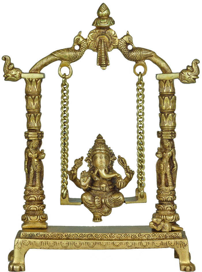 11" Brass Lord Ganesha Statue on Swing Handmade