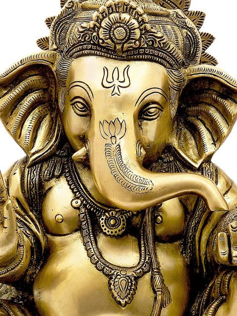 13" Brass Four-Armed Seated Ganesha Statue with Trident Mark on Forehead | Handmade | Made in India