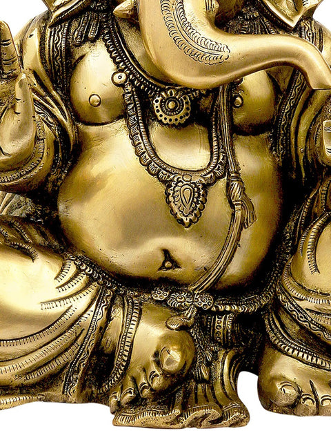 13" Brass Four-Armed Seated Ganesha Statue with Trident Mark on Forehead | Handmade | Made in India