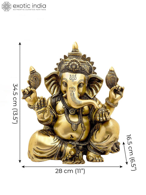 13" Brass Four-Armed Seated Ganesha Statue with Trident Mark on Forehead | Handmade | Made in India