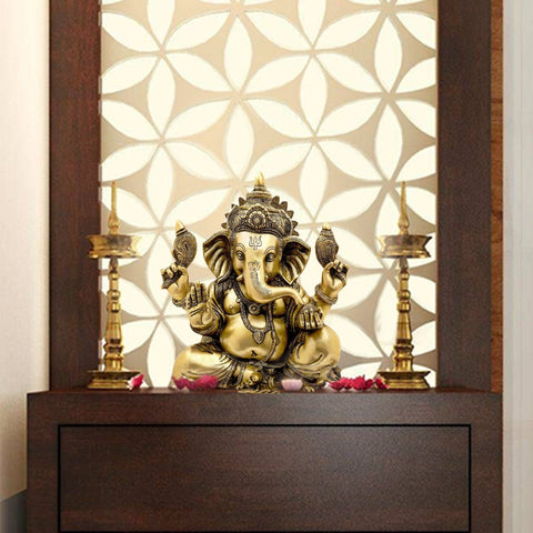13" Brass Four-Armed Seated Ganesha Statue with Trident Mark on Forehead | Handmade | Made in India