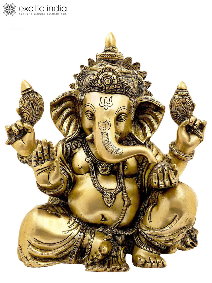 13" Brass Four-Armed Seated Ganesha Statue Handmade