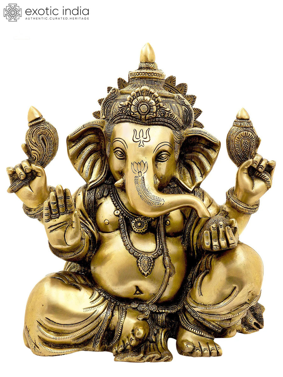 13" Brass Four-Armed Seated Ganesha Statue Handmade