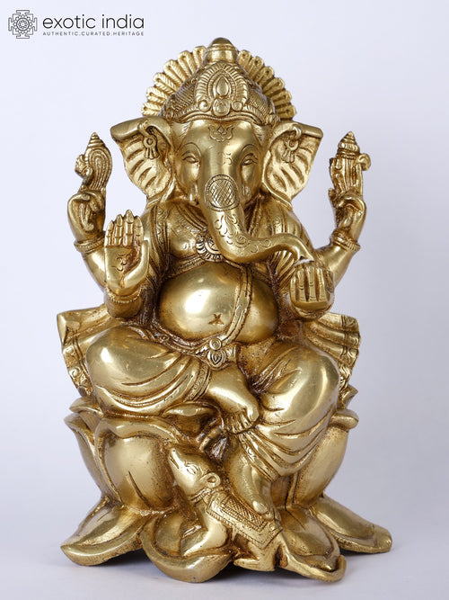 9" Lord Ganesha Seated on Lotus Handmade Brass Idol