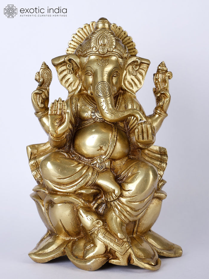 9" Lord Ganesha Seated on Lotus Handmade Brass Idol