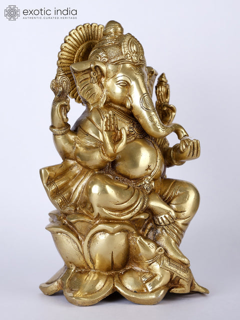 9" Lord Ganesha Idol Seated on Lotus | Handmade Brass Murti | Made in India