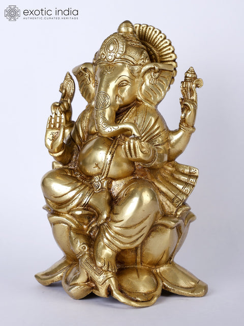 9" Lord Ganesha Idol Seated on Lotus | Handmade Brass Murti | Made in India