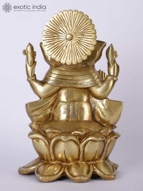 9" Lord Ganesha Idol Seated on Lotus | Handmade Brass Murti | Made in India