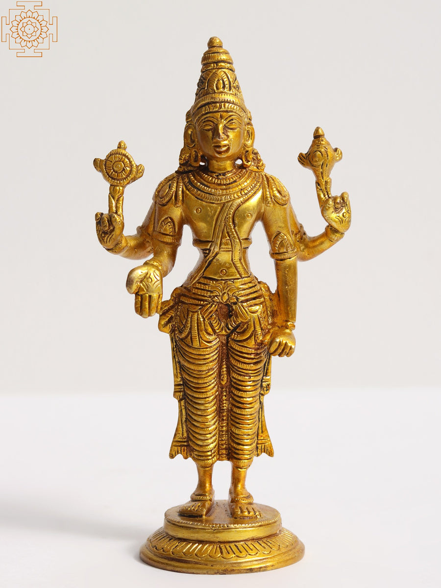 6" Standing Lord Vishnu Handmade Brass Statue
