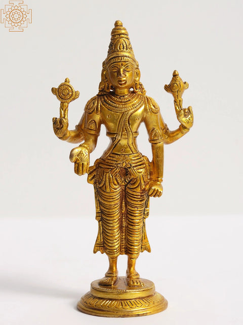 6" Small Size Standing Lord Vishnu Brass Statue