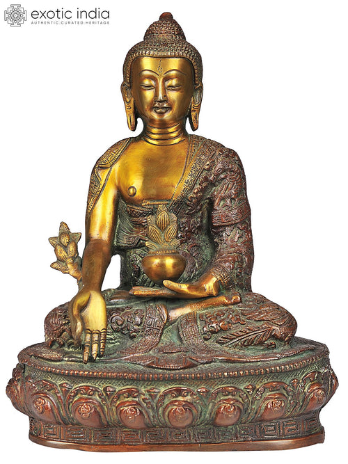 10" Medicine Buddha Brass Statue with Auspicious Symbols Handmade