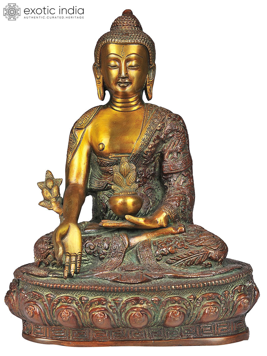 10" Medicine Buddha Brass Statue with Auspicious Symbols Handmade