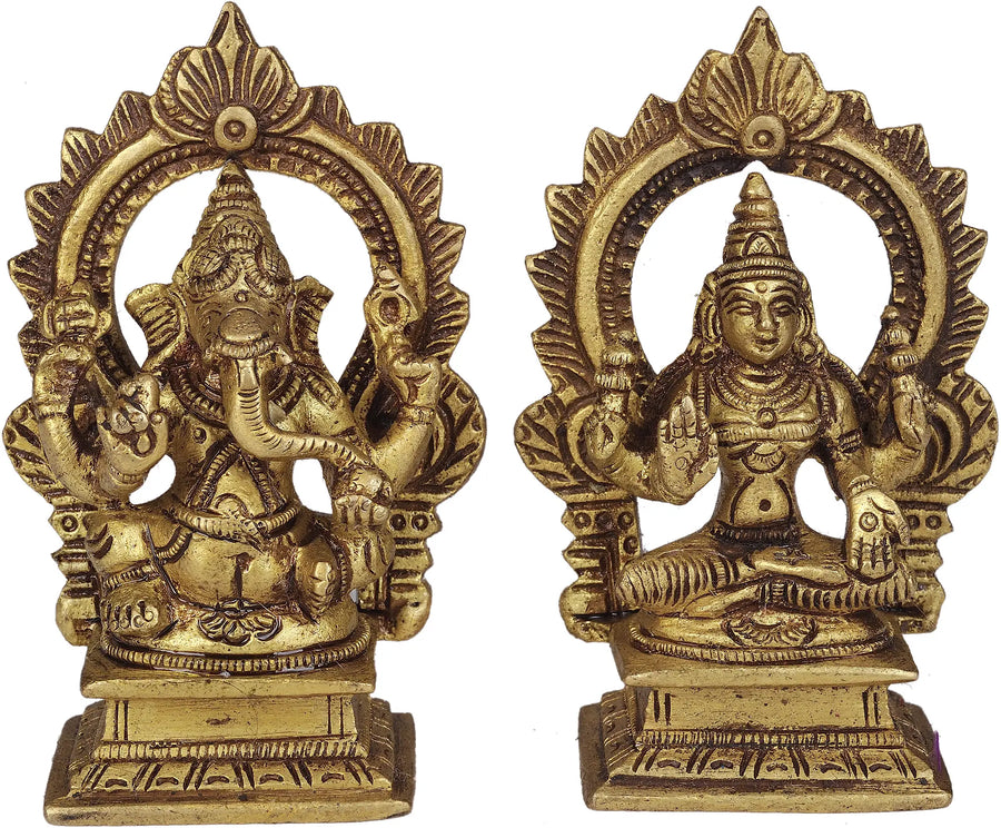 3" Ganesha Lakshmi Handmade Brass Sculpture for Pooja