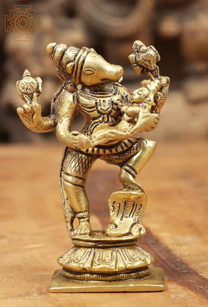 3" Lord Vishnu in Varaha Incarnation with Bhudevi | Handmade Brass Statue