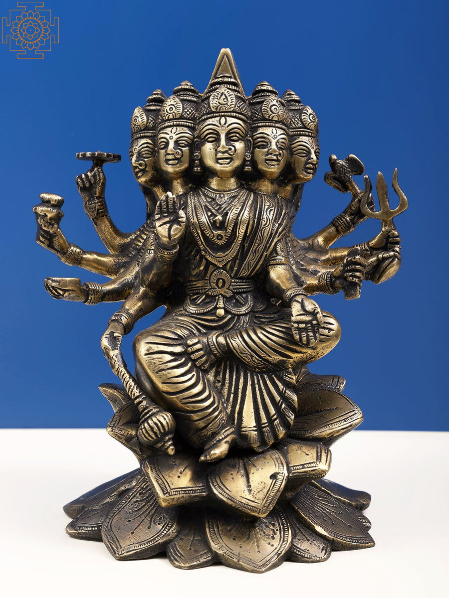9" Brass Goddess Gayatri Idol Seated on Lotus Pedestal for Pooja