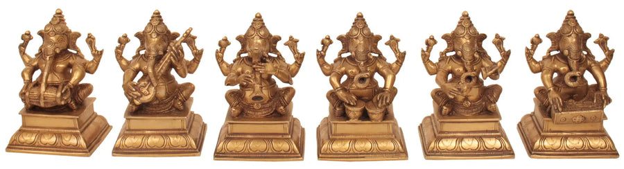 5" Set of Six Musical Ganeshas Brass Handmade Idols