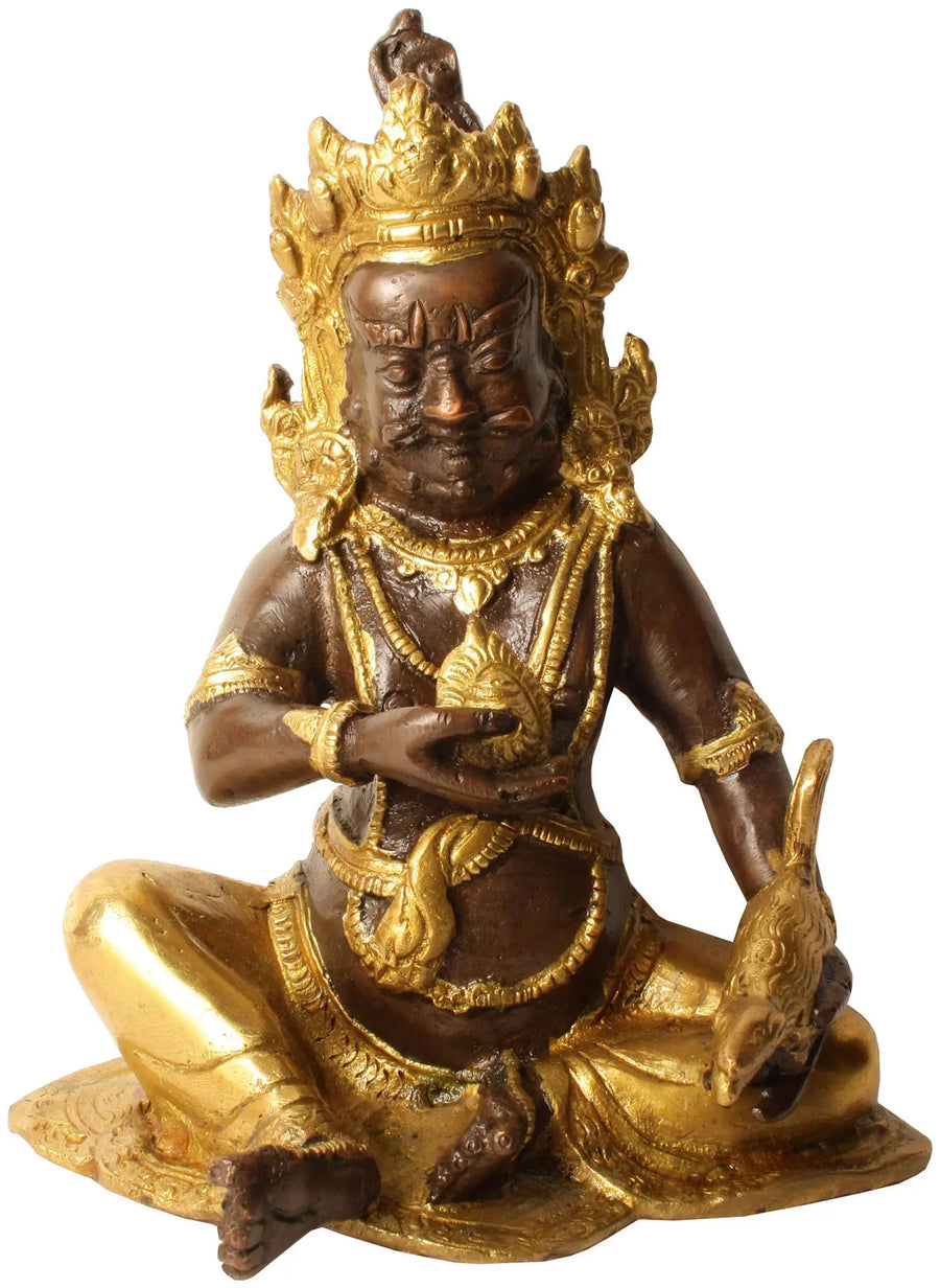 6" Tibetan Buddhist Kubera with Jewel and Mongoose Brass Statue