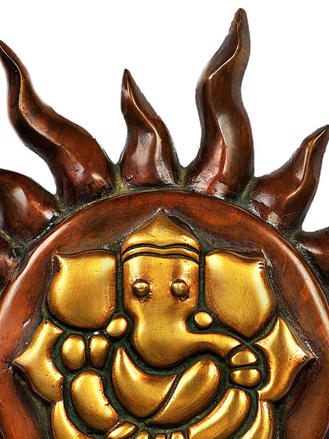 12" Lord Ganesha Against the Backdrop of Surya (Wall Hanging) in Brass | Handmade | Made in India