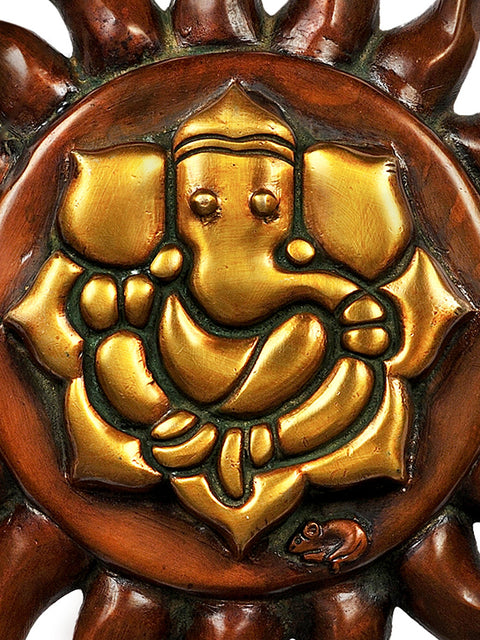 12" Lord Ganesha Against the Backdrop of Surya (Wall Hanging) in Brass | Handmade | Made in India