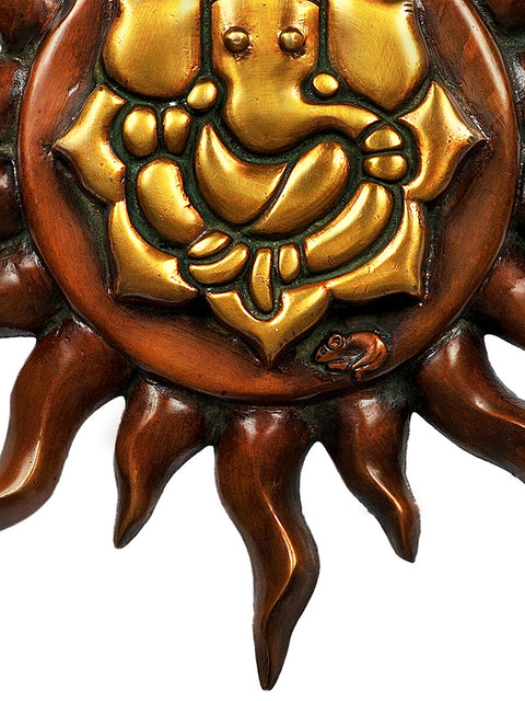 12" Lord Ganesha Against the Backdrop of Surya (Wall Hanging) in Brass | Handmade | Made in India