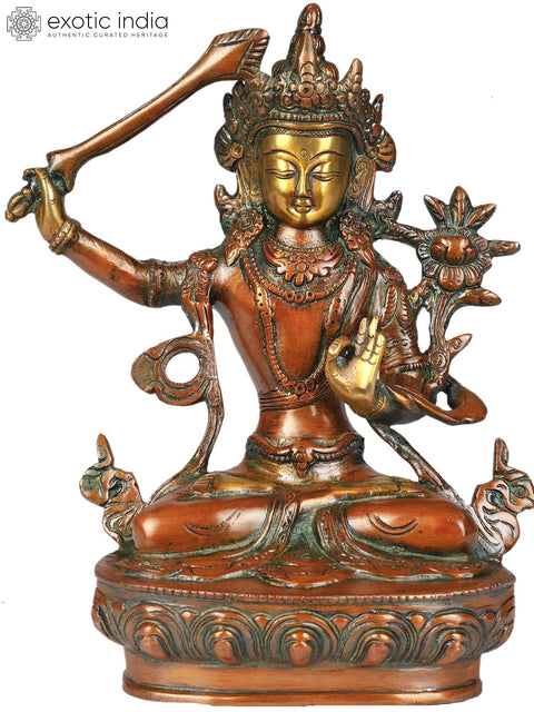 8" Tibetan Buddhist Deity Manjushri Brass Statue - Bodhisattva of Transcendent Wisdom | Handmade