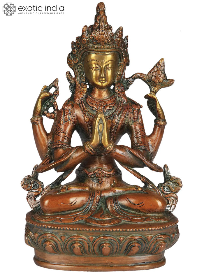 8" Tibetan Buddhist Deity Four Armed Avalokiteshvara | Handmade Brass Sculpture