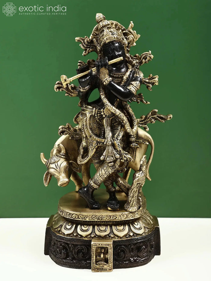 12" Venugopala Handmade Brass Statue with Cow