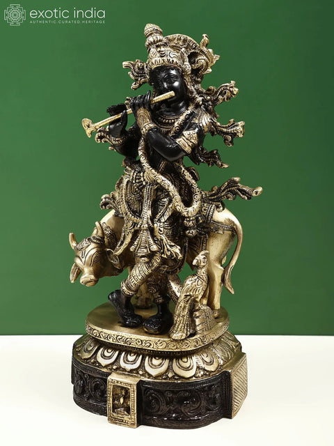 12" Venugopala Brass Statue | Fluting Krishna Idol with His Cow | Made in India