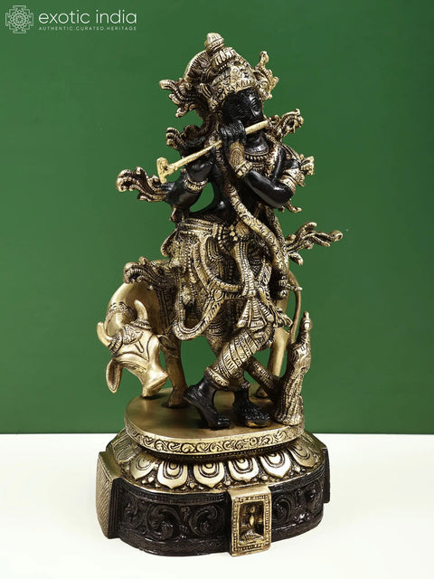 12" Venugopala Brass Statue | Fluting Krishna Idol with His Cow | Made in India