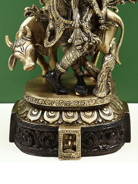 12" Venugopala Brass Statue | Fluting Krishna Idol with His Cow | Made in India